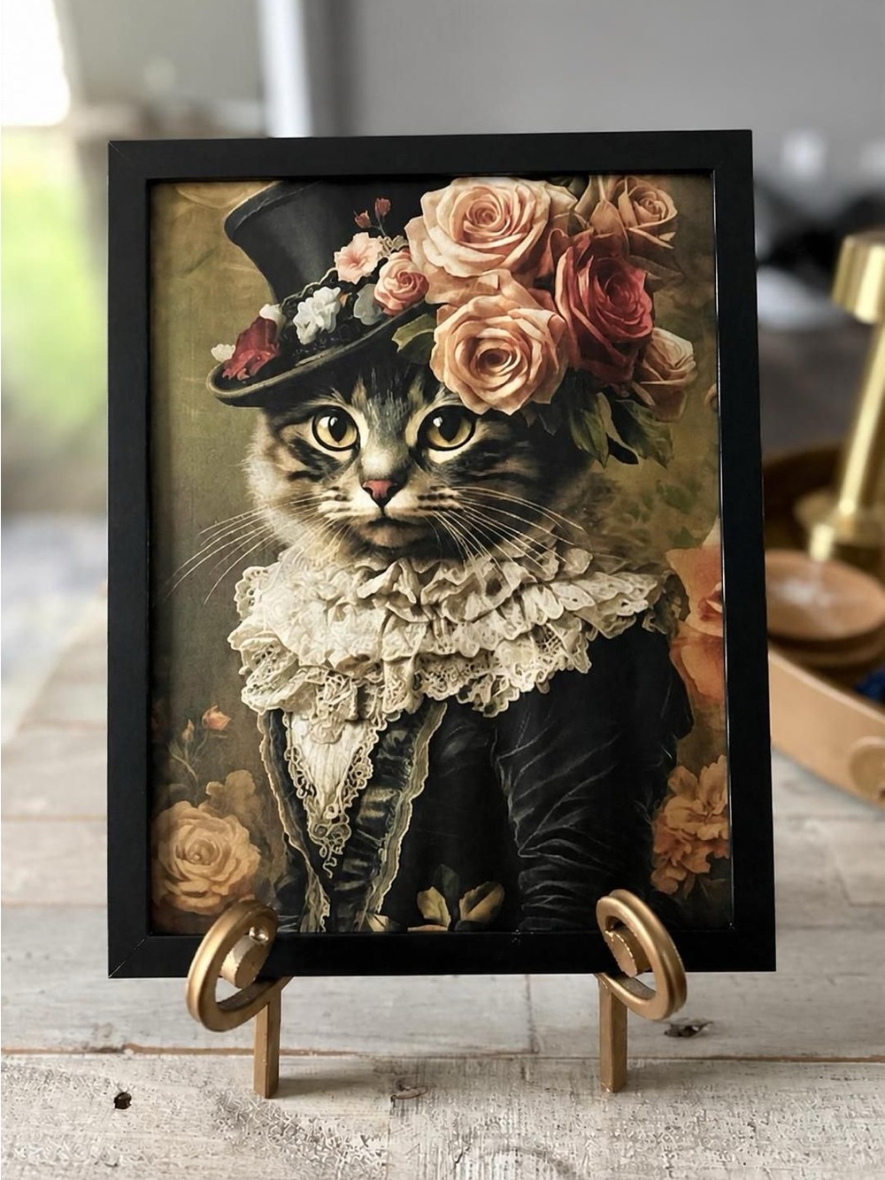 Victorian Cat Portrait Framed 8x10 Wall Art - Floral Top Hat